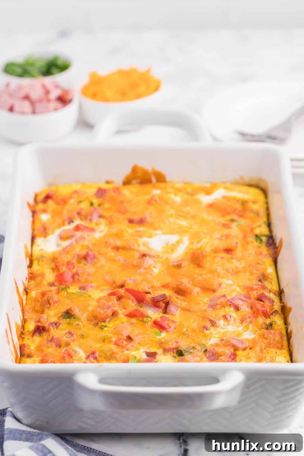 Golden Hash Brown Quiche 3 The recipe in a white casserole pan.