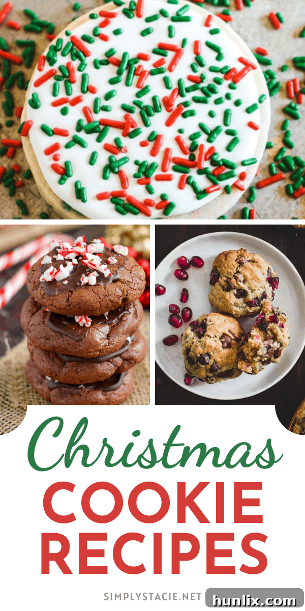 A festive spread of various Christmas cookies ready for a cookie exchange, including thumbprints, shortbreads, and decorated sugar cookies.