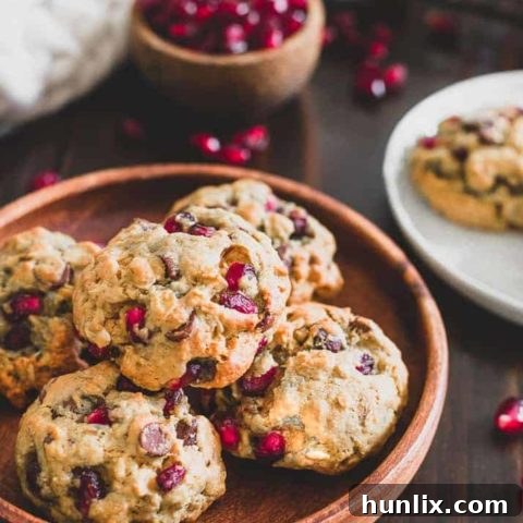 Orange pomegranate oatmeal chocolate chip cookies, a unique winter-themed treat.