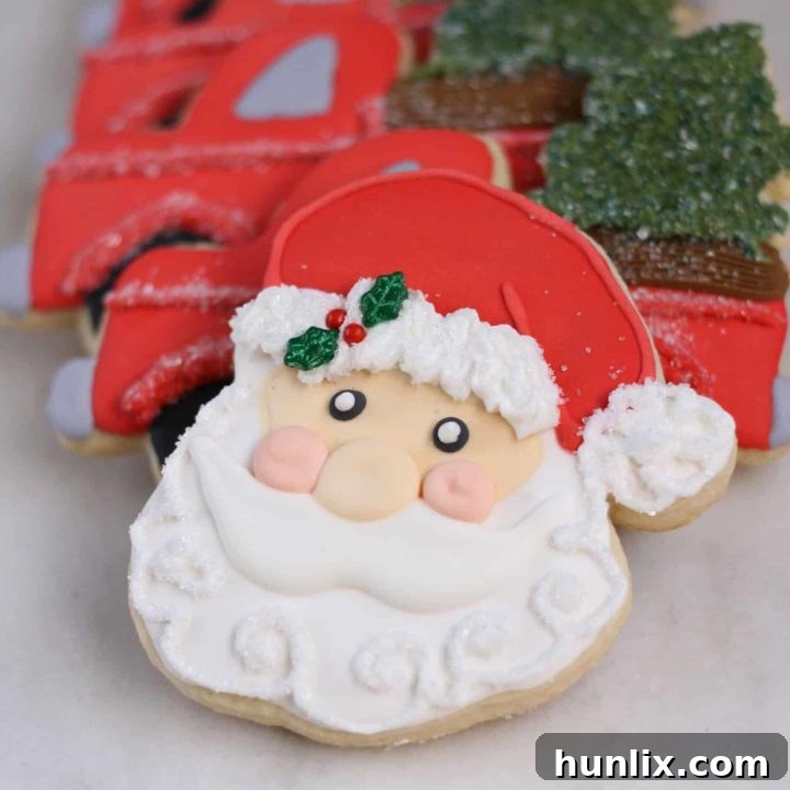 Christmas decorated sugar cookies with royal icing, showcasing festive Santa and tree shapes.