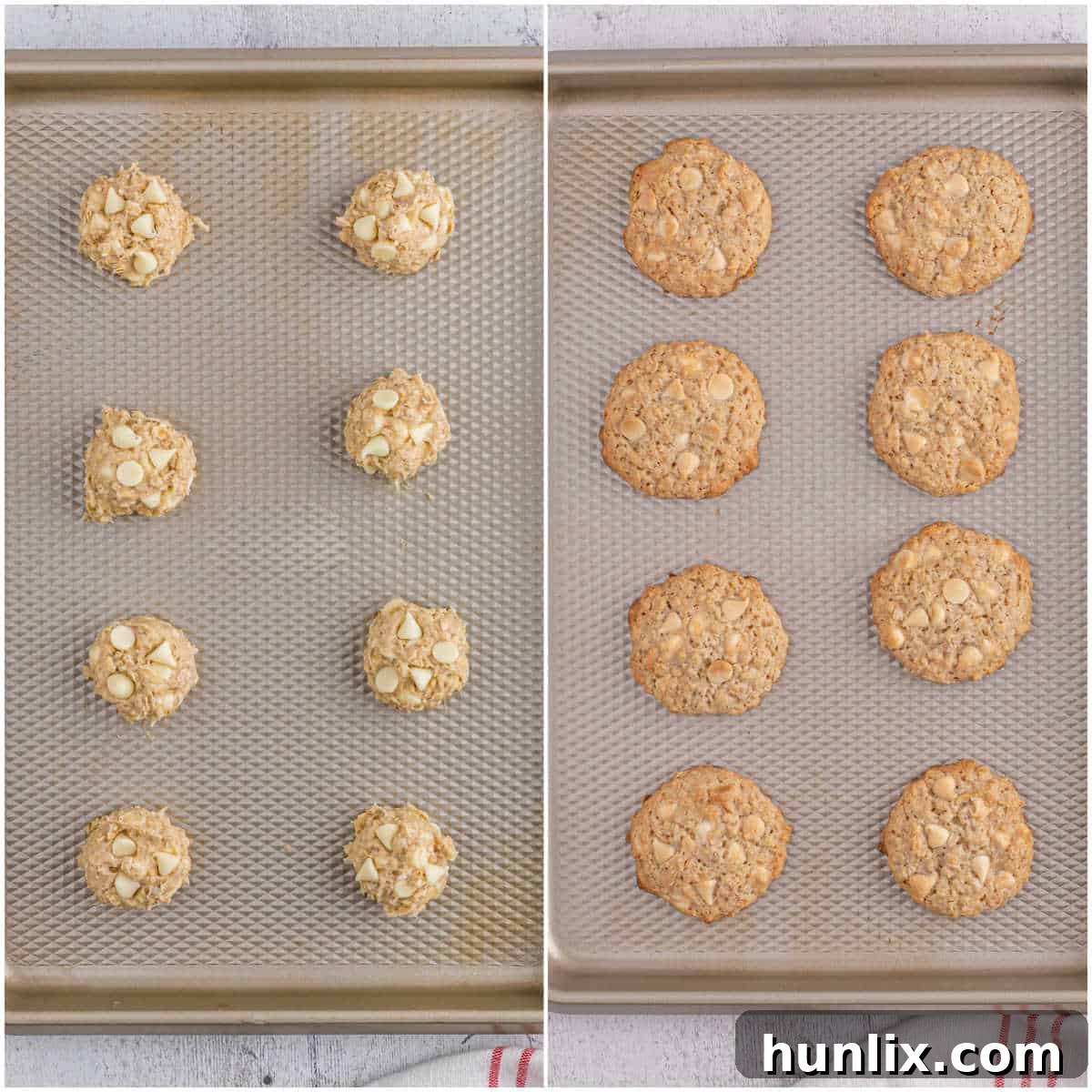 Freshly scooped white chocolate oatmeal cookie dough portions neatly arranged on an ungreased cookie sheet, ready for baking.