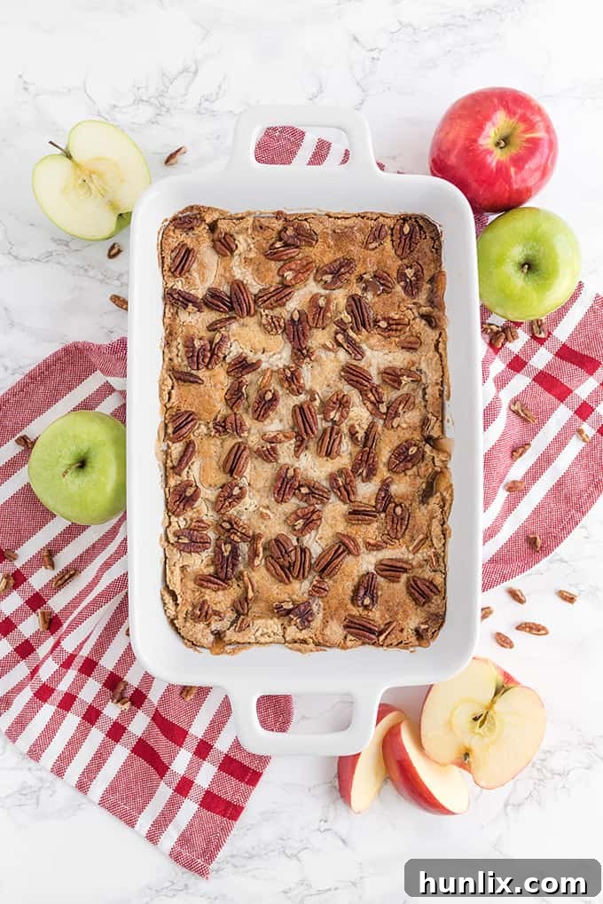 Effortless Caramel Apple Delight 2 A pan of caramel apple dump cake, showcasing its golden-brown topping and rich, bubbly apple-caramel filling.
