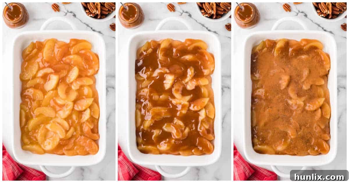 Effortless Caramel Apple Delight 4 A visual collage showing the first steps of making caramel apple dump cake: spreading apple pie filling, drizzling caramel, and sprinkling spices in a baking pan.