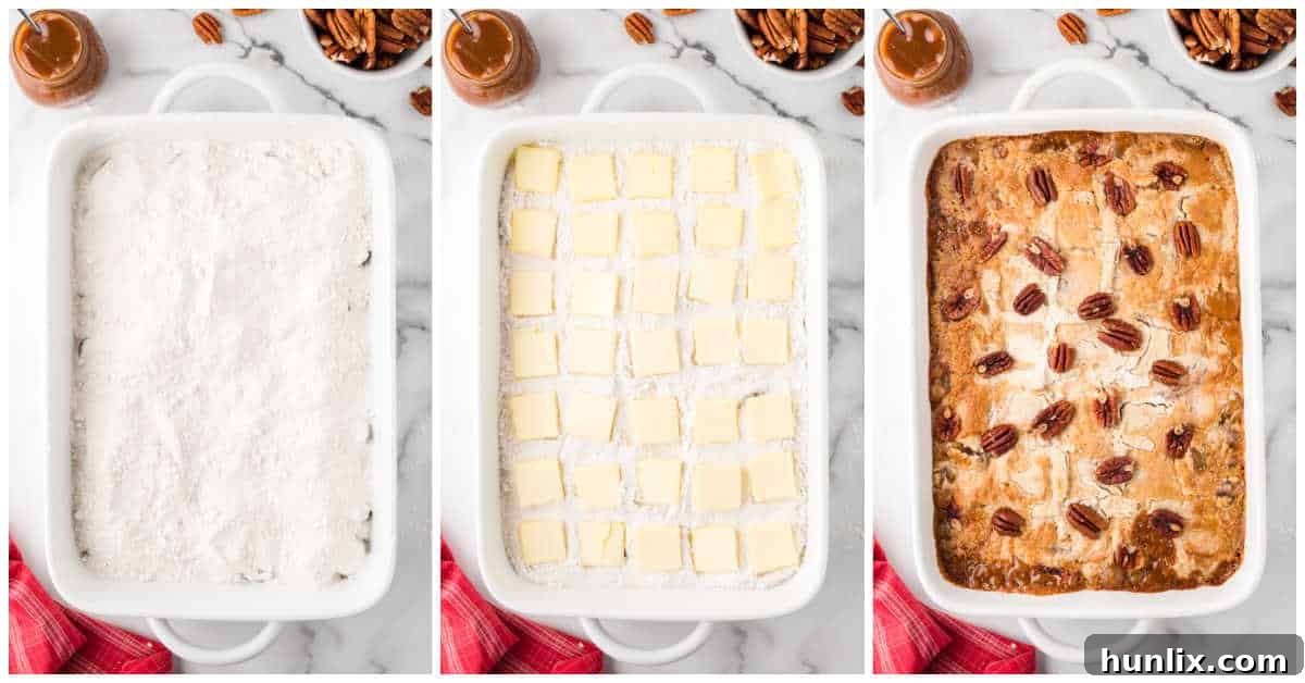 Effortless Caramel Apple Delight 5 A visual collage showing the final steps of making caramel apple dump cake: sprinkling cake mix, adding butter slices, topping with pecans, and the finished cake baking in the oven.