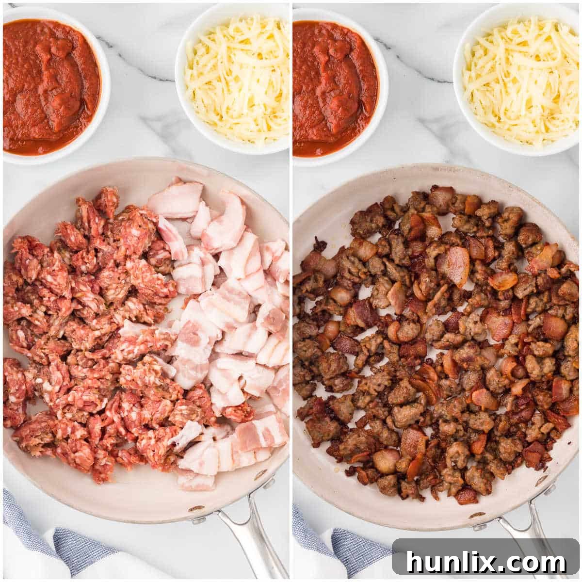 A collage showing the steps of cooking bacon and Italian sausage in a pan before adding to the slow cooker.