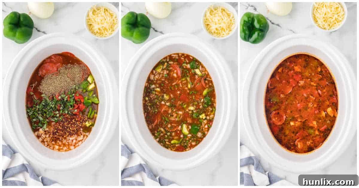 A collage showing the various ingredients simmering in a white slow cooker, from initial mixing to a rich, finished soup.