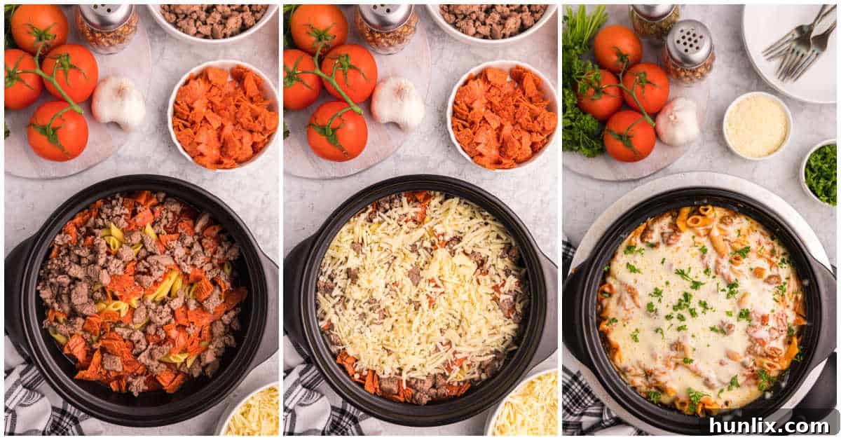 Final assembly of slow cooker pizza pasta layers before cooking begins.