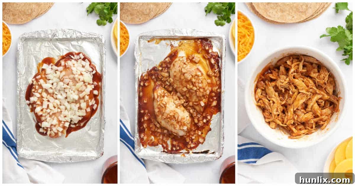 Detailed steps showing the preparation of BBQ chicken and pineapple quesadillas, from shredding chicken to assembling the tortillas.