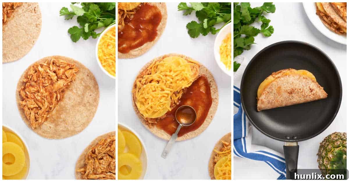 The final steps of making BBQ chicken and pineapple quesadillas, showing them cooking in a pan and being sliced for serving.