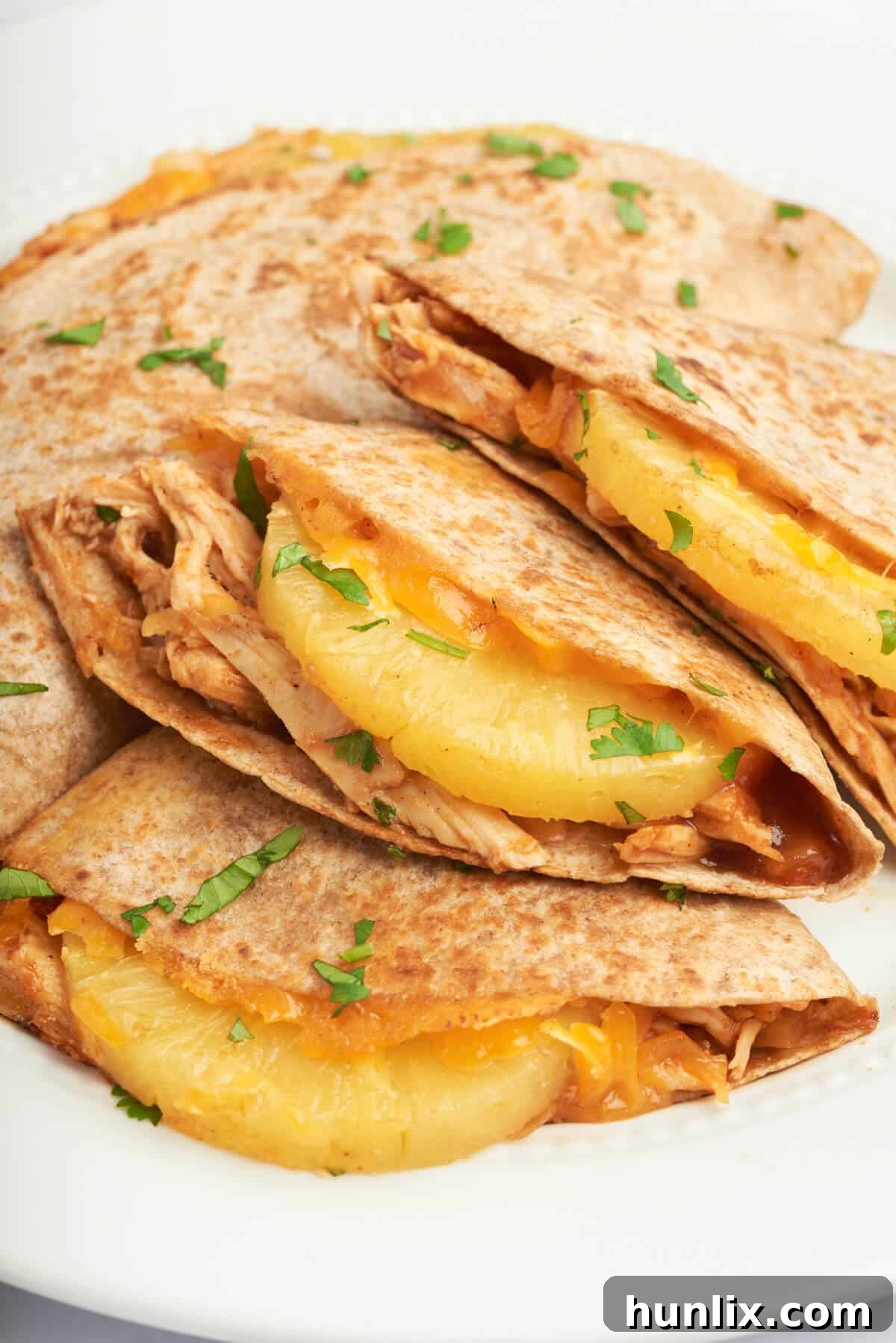 A beautifully arranged plate of BBQ Chicken and Pineapple Quesadillas, garnished with fresh cilantro, showcasing their golden crust and juicy filling.
