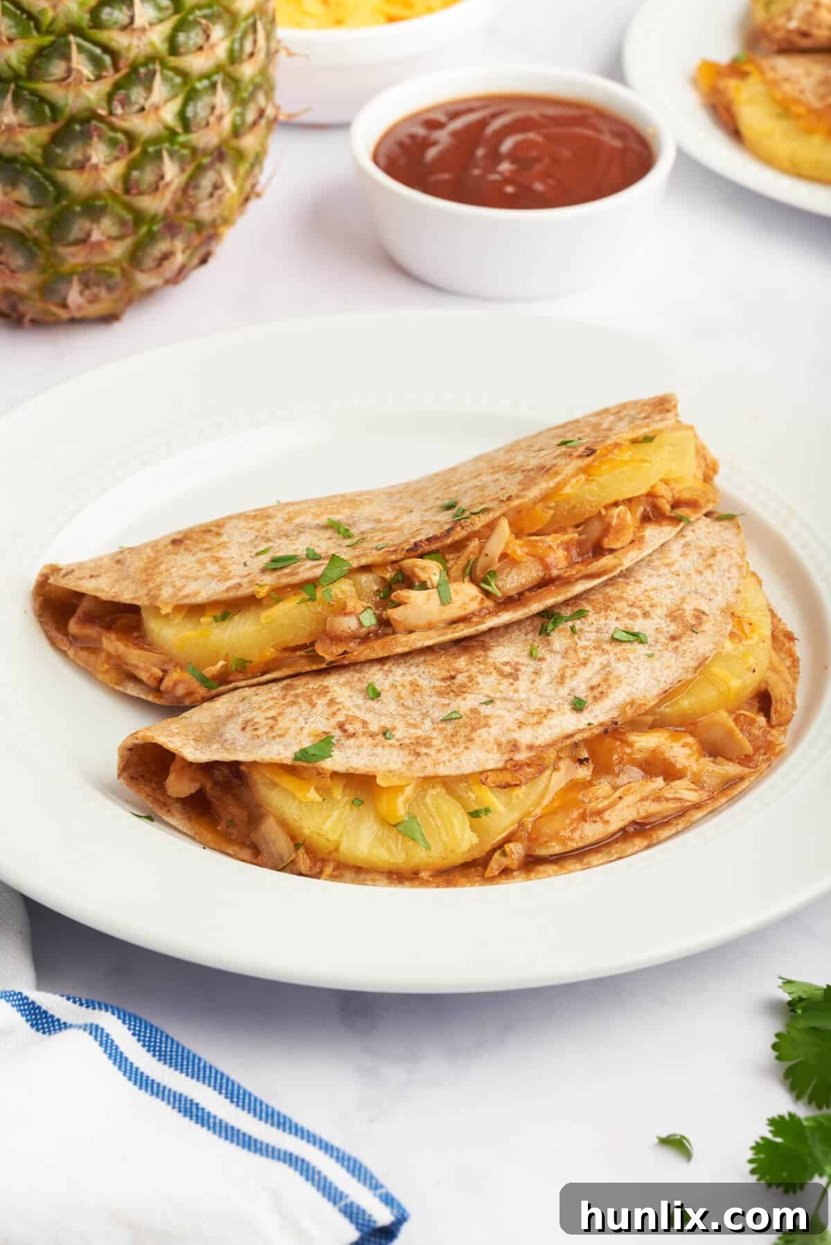 A close-up of a plate of BBQ Chicken and Pineapple Quesadillas, highlighting the perfectly browned tortillas and the flavorful filling.