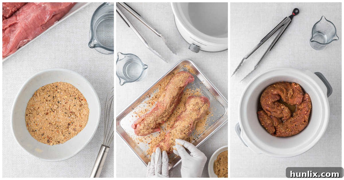 Soy Ginger Pork Tenderloin 4 Collage showing steps to prepare and season pork tenderloin for slow cooking.