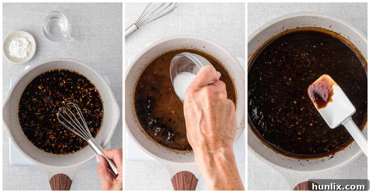 Soy Ginger Pork Tenderloin 5 Collage depicting the steps for making the savory Asian glaze in a saucepan.