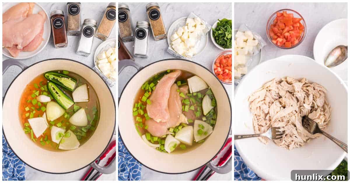 Fiesta Chicken Salad 4 First steps of preparing taco chicken salad, showing ingredients simmering in a pot.