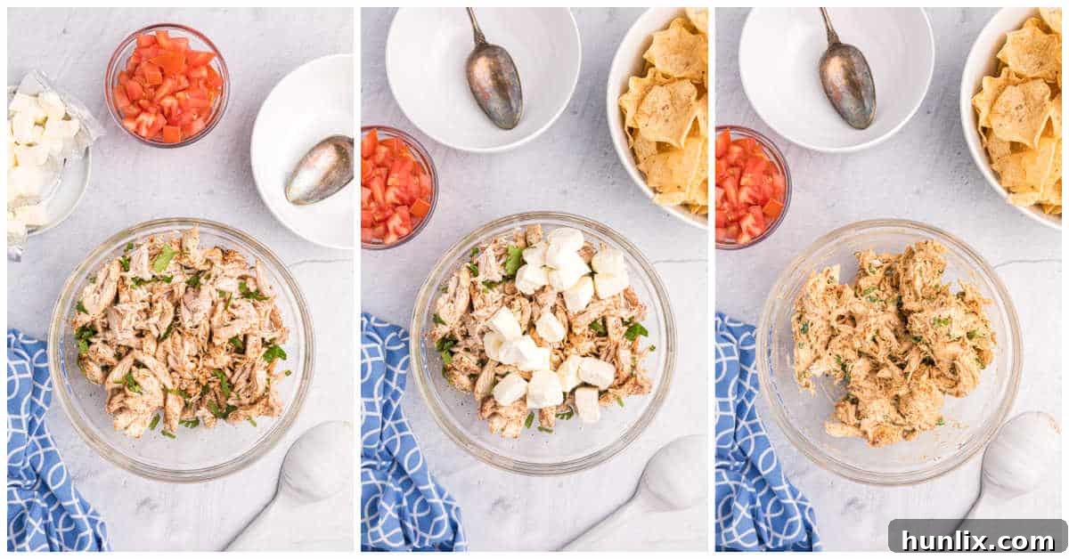 Fiesta Chicken Salad 5 Second steps of preparing taco chicken salad, showing shredded chicken mixed with spices.