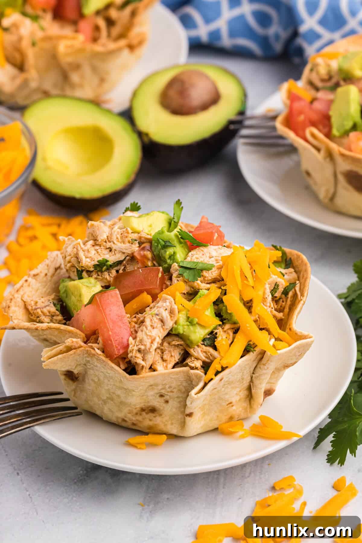 Fiesta Chicken Salad 8 A close-up of Taco Chicken Salad in a tortilla bowl, showcasing its delicious texture and toppings.