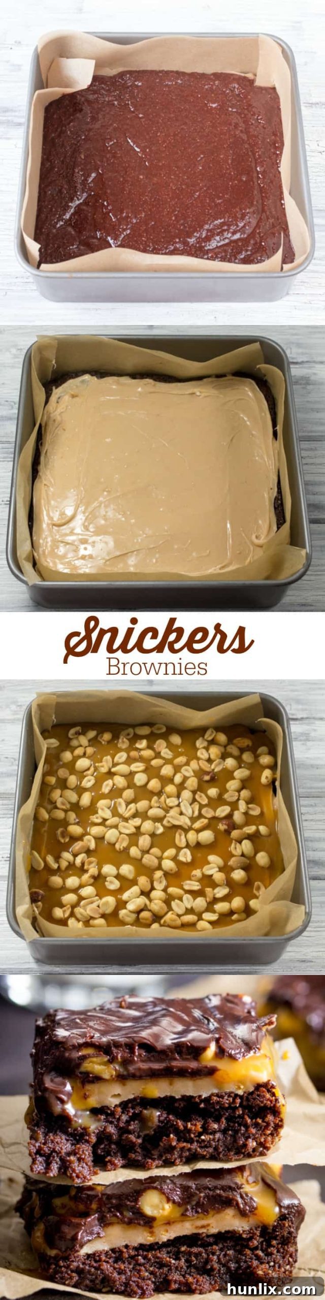 Decadent Snickers Stuffed Brownies 10 Snickers Brownies - Delicious AND gluten free! This decadent dessert recipe is a chocolate lover's dream with layers of nougat, peanuts, and caramel over a rich, moist brownie.