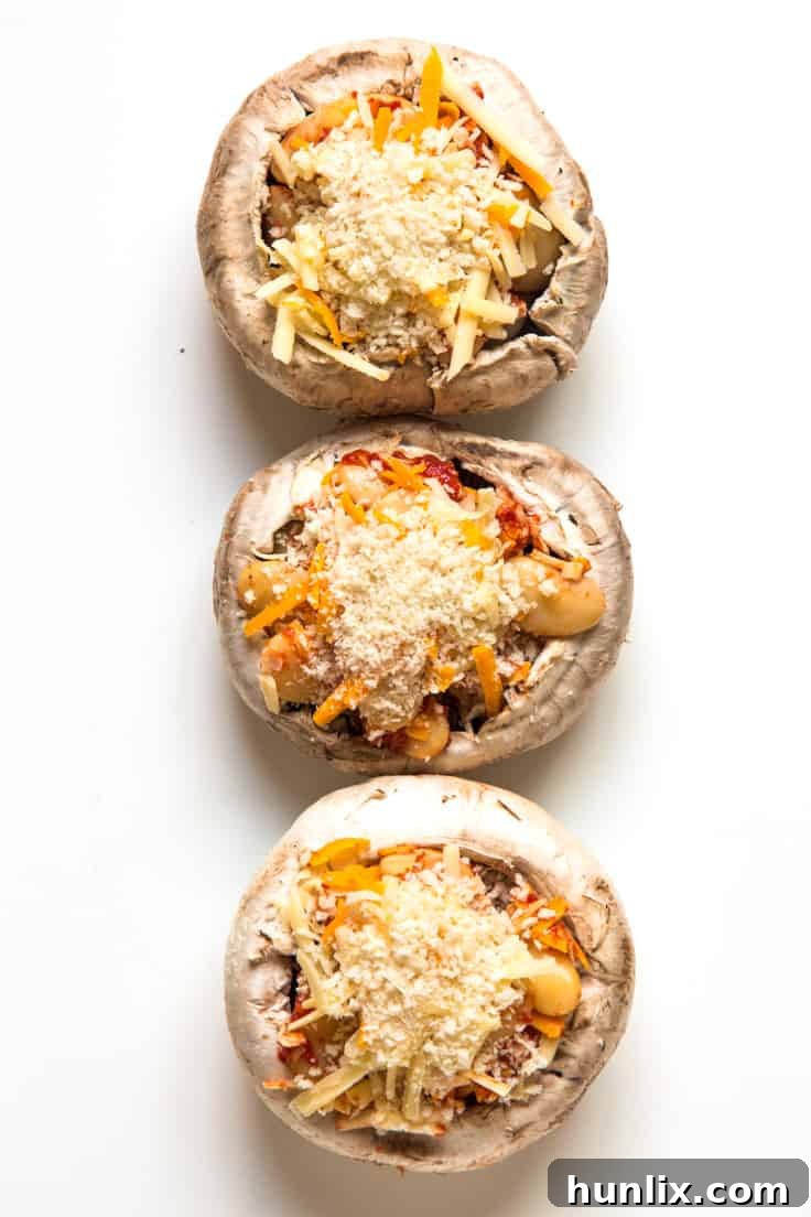 Creamy Butterbean and Cheese Stuffed Mushrooms 6 Cheese and Butterbean Stuffed Mushrooms before going into the oven, perfectly assembled.