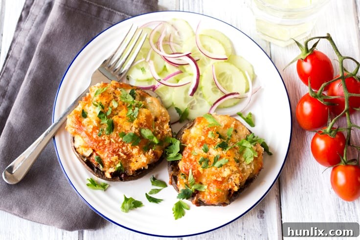 Creamy Butterbean and Cheese Stuffed Mushrooms 7 A generous serving of Cheese and Butterbean Stuffed Mushrooms, ready to be enjoyed.