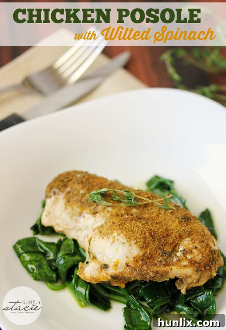 Chicken Posole with Wilted Spinach ready to be served, emphasizing the freshness of the ingredients.