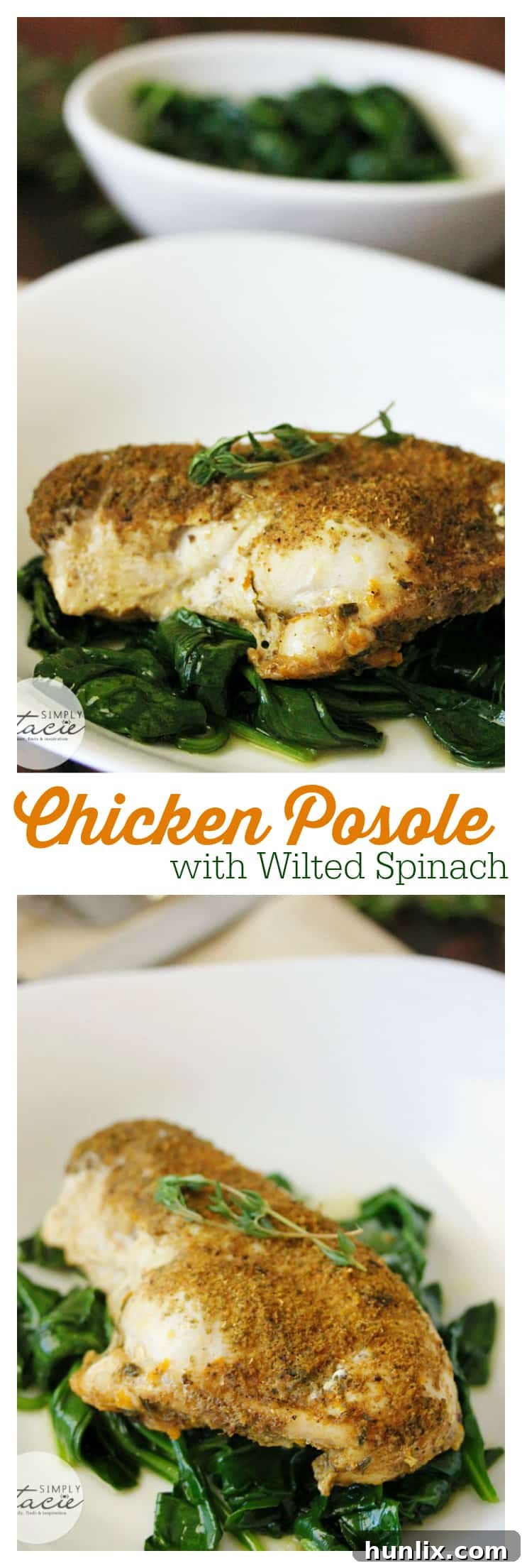 Chicken Posole with Wilted Spinach final presentation, a stunning and healthy dish.