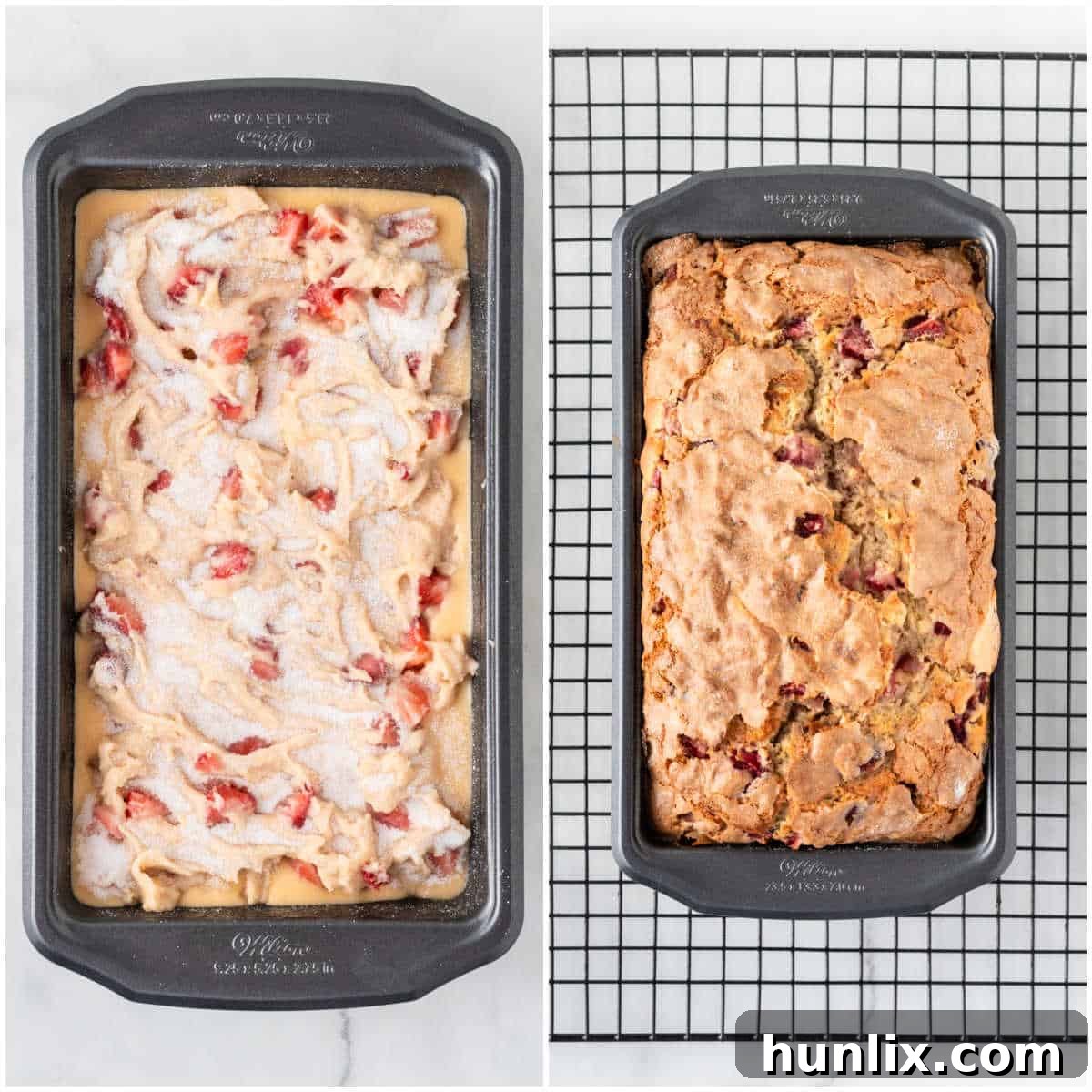 Strawberry Cheesecake Bread 11 A freshly baked strawberry bread cooling on a wire rack, demonstrating the final step before slicing.