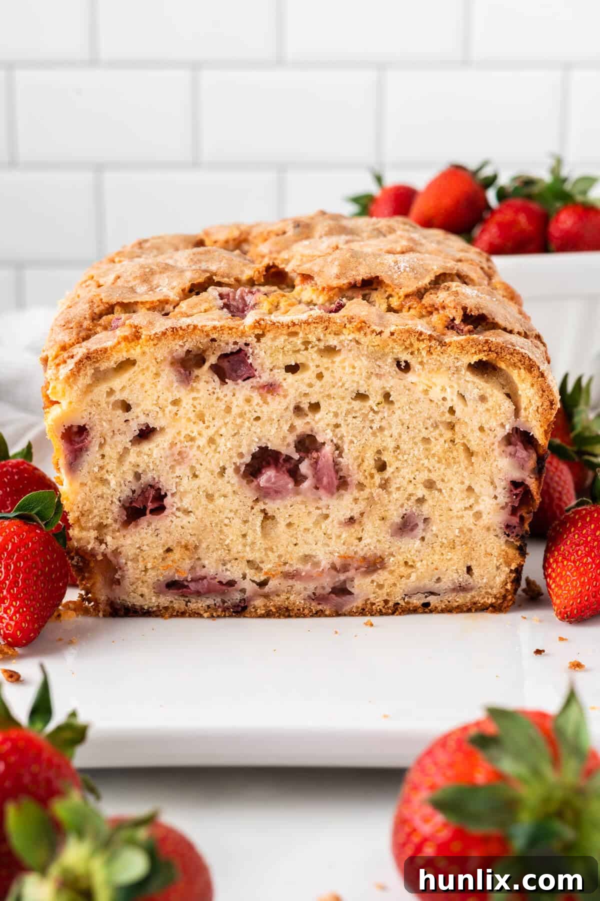 Strawberry Cheesecake Bread 13 A close-up view of a sliced strawberry bread, displaying the creamy filling and a rich texture, placed on a white serving platter.