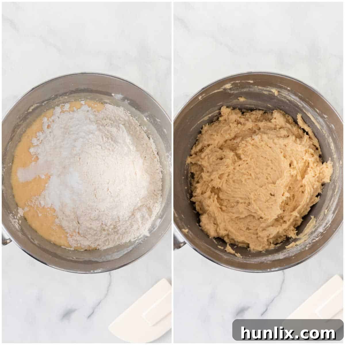 Strawberry Cheesecake Bread 6 Dry ingredients like flour, baking powder, baking soda, and salt being added to the wet batter in a mixing bowl for strawberry bread.