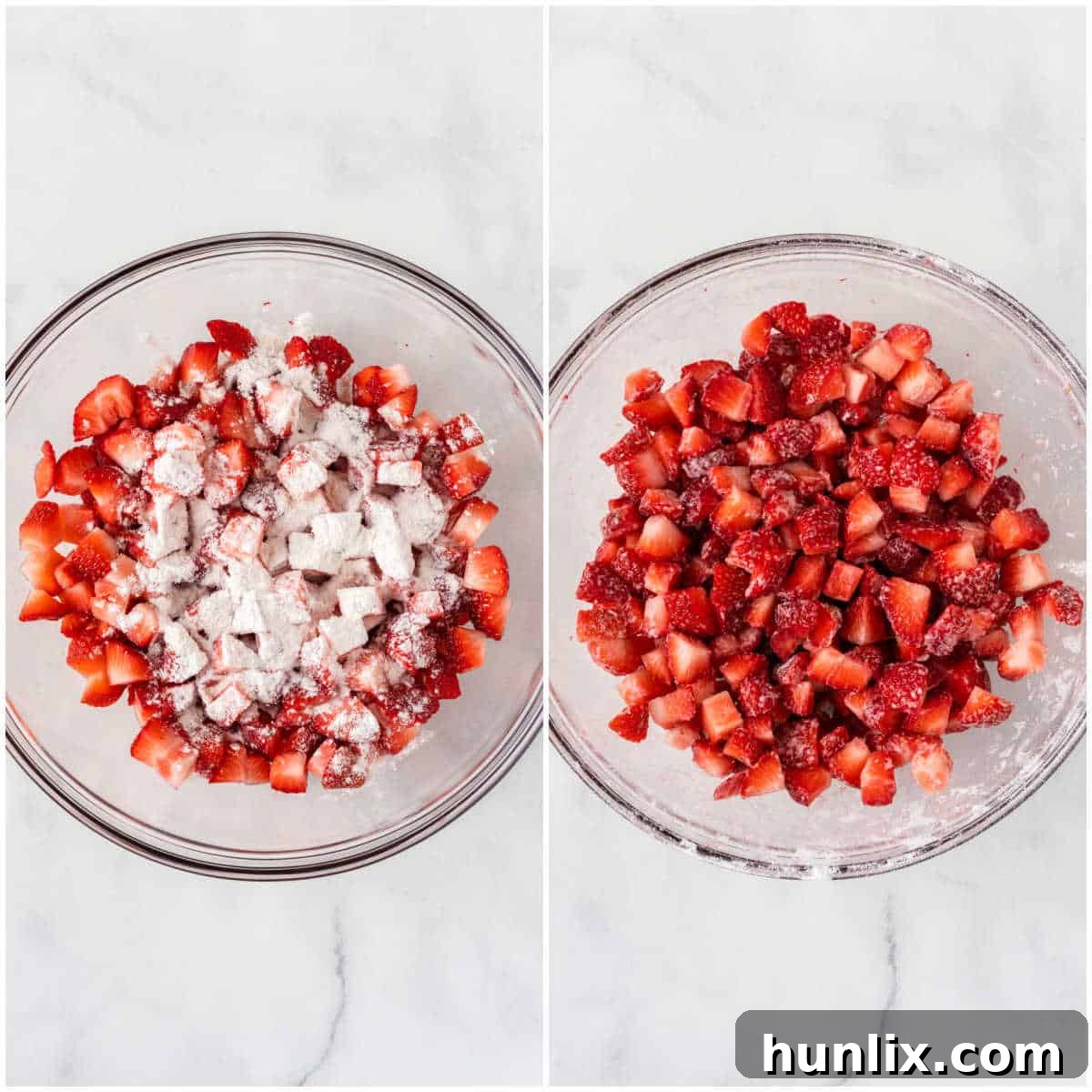 Strawberry Cheesecake Bread 7 Chopped strawberries being tossed with flour in a small bowl, a technique to prevent fruit from sinking in quick bread.