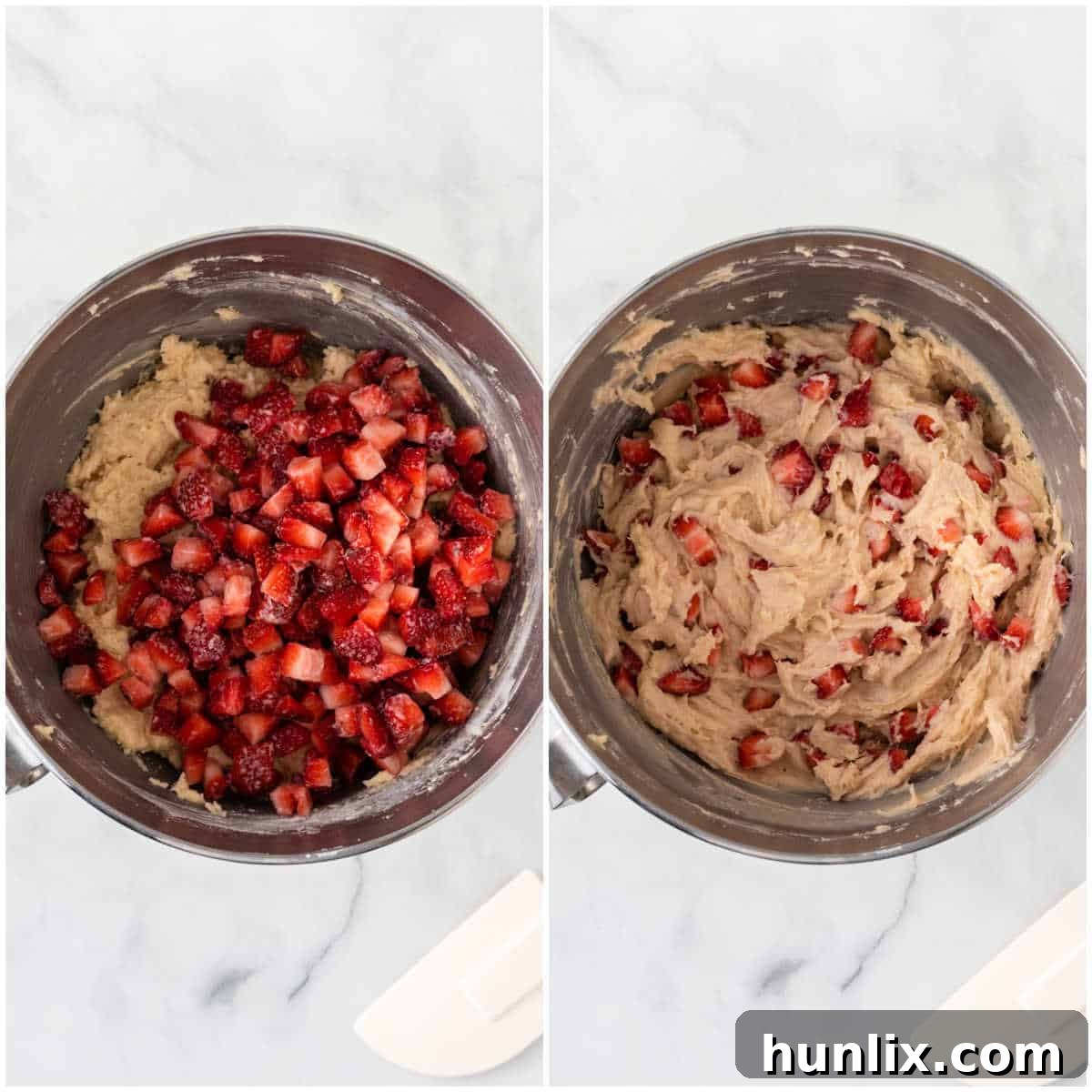 Strawberry Cheesecake Bread 8 Strawberry chunks being gently folded into the bread batter in a mixing bowl, ensuring even distribution without overmixing.