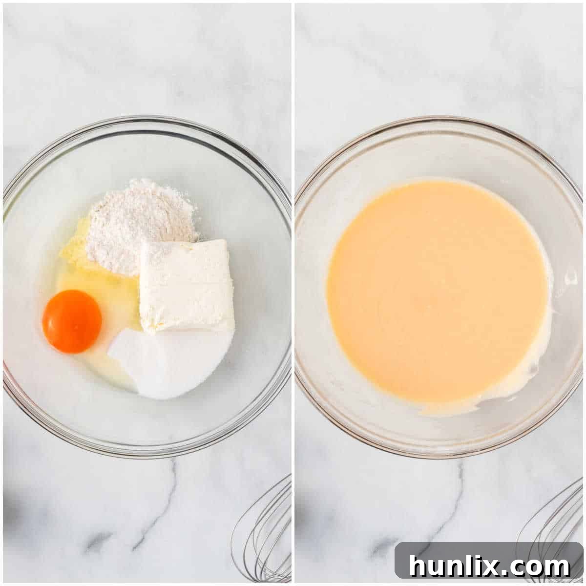 Strawberry Cheesecake Bread 9 Ingredients for the cream cheese filling, including cream cheese, sugar, egg, and flour, being whisked together in a bowl.