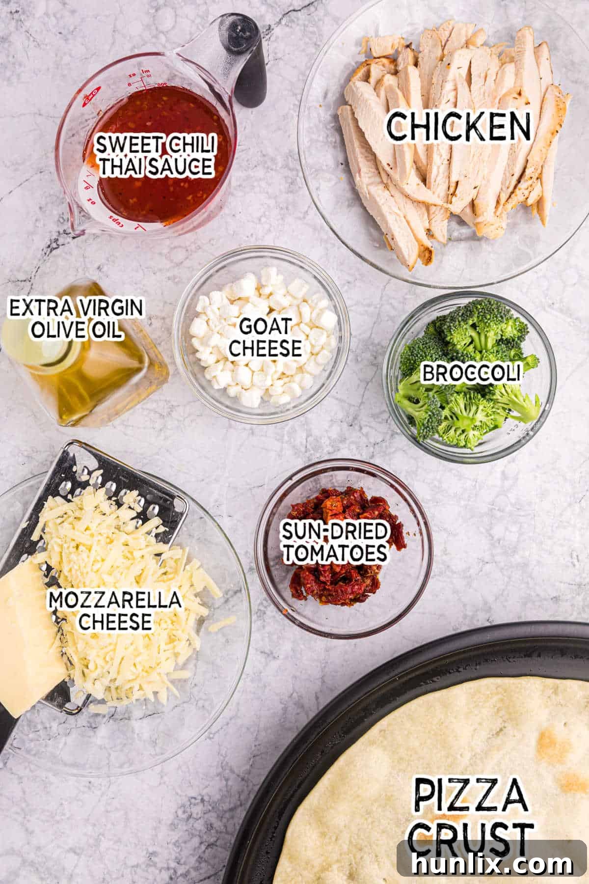 Sweet chili chicken thai pizza ingredients.