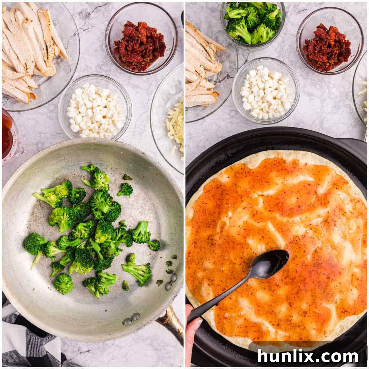 Ingredients to make sweet chili chicken thai pizza.