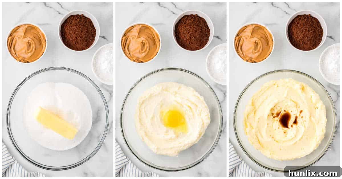 A collage showing the initial steps of making cupcake batter, including creaming butter and sugar, and mixing in eggs and vanilla.