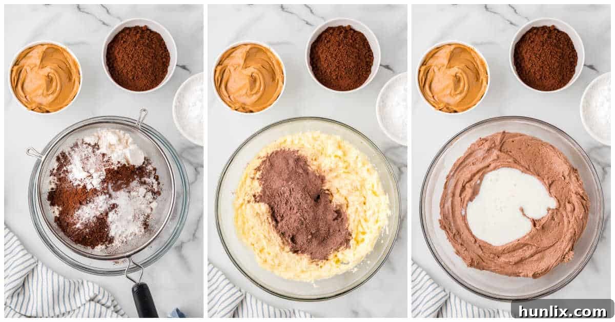 A collage demonstrating the process of combining wet and dry ingredients for the cupcake batter, showing flour and milk being mixed in.
