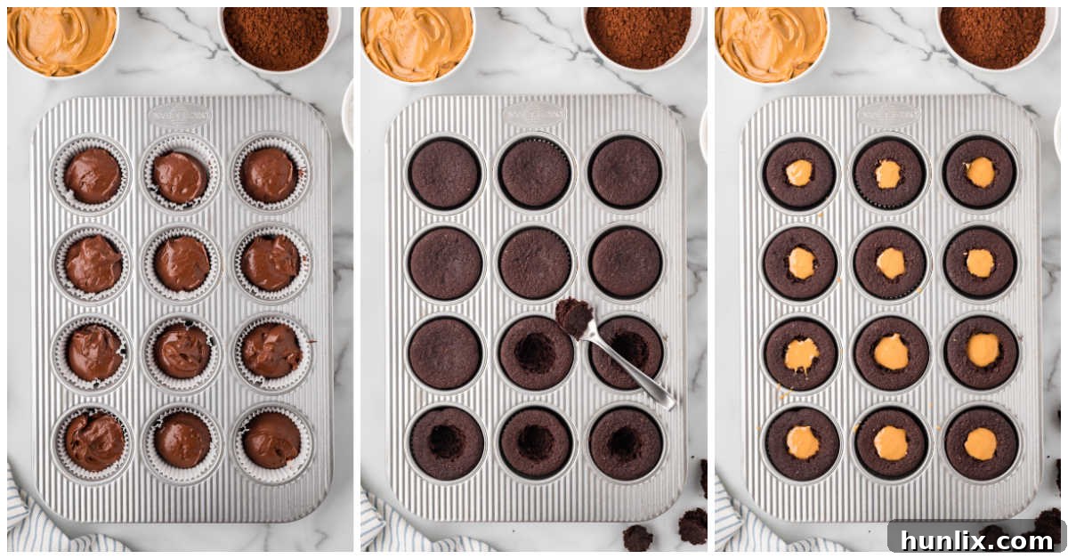 A collage illustrating the baking process, from cupcakes in the oven to coring and filling them with peanut butter.