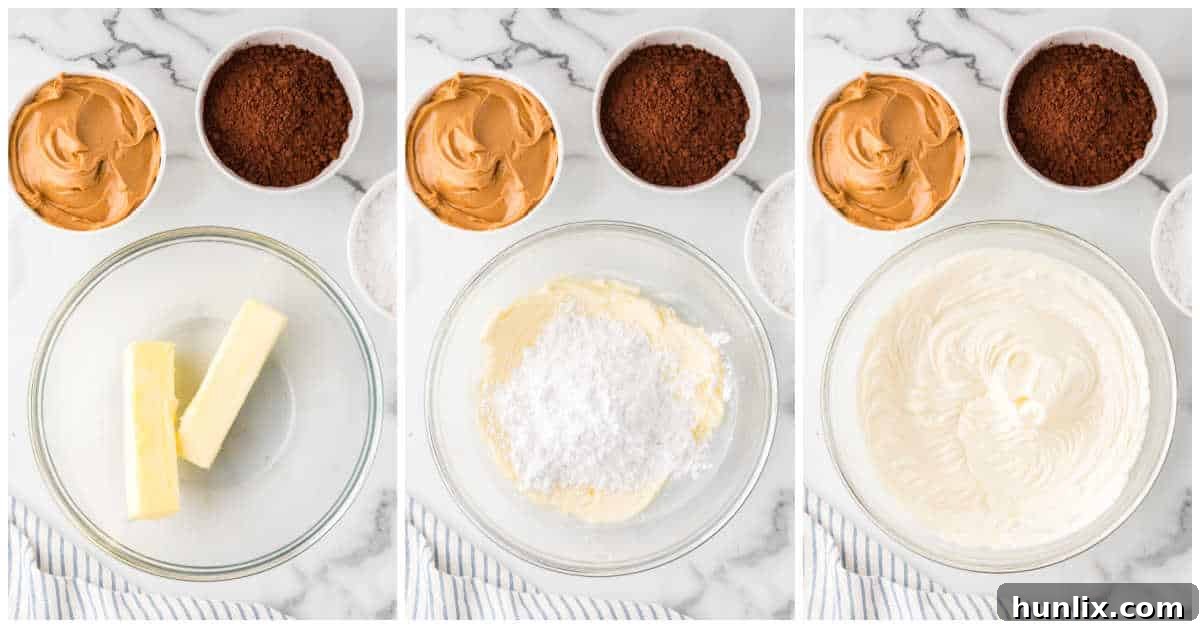A collage showing the process of making frosting in a large bowl with an electric mixer, illustrating the creamy texture.