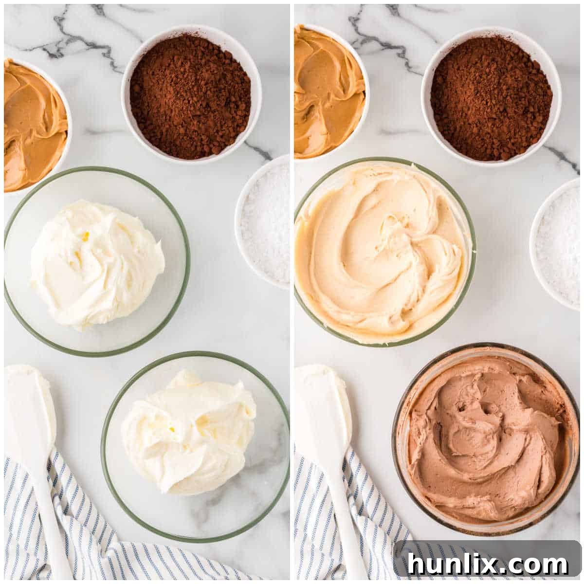A collage showing the separated frosting being flavored, with cocoa powder added to one bowl and peanut butter to another.