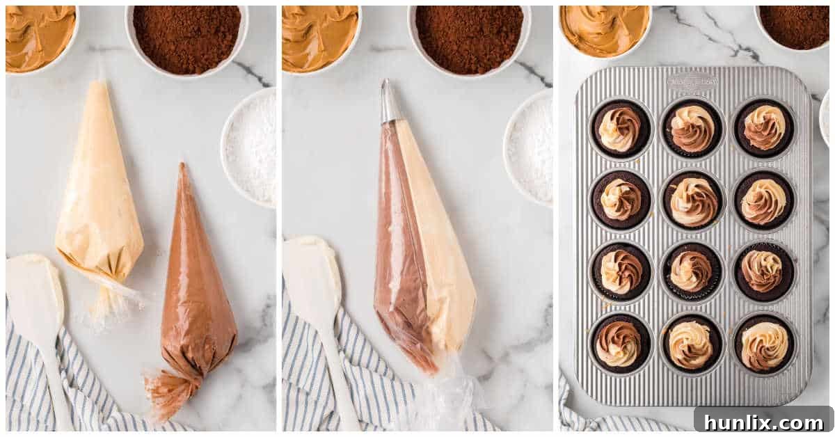 A collage demonstrating the final step of frosting the cupcakes with a beautiful two-tone swirl.