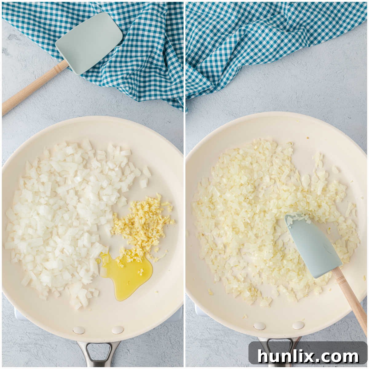 First step of making cheesy meatballs: sautéing onions and garlic.