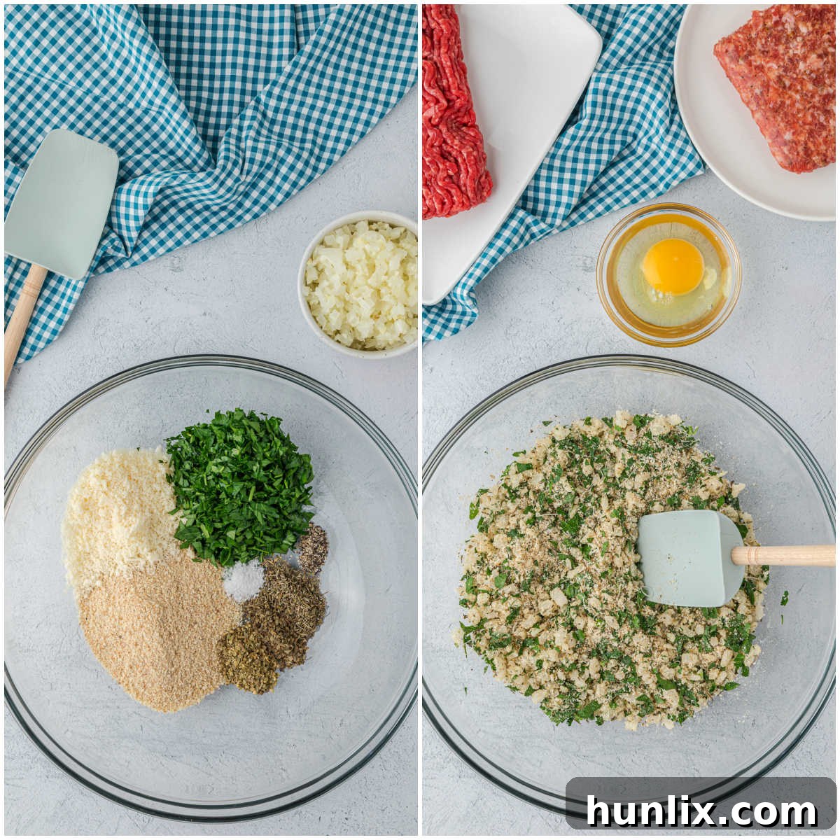 Combining dry ingredients for cheesy meatballs in a bowl.