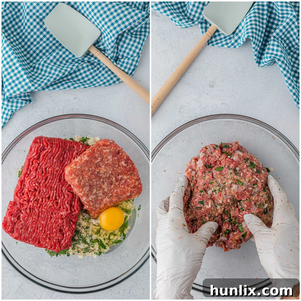 Mixing ground beef, Italian sausage, egg, and herb mixture for cheesy meatballs.