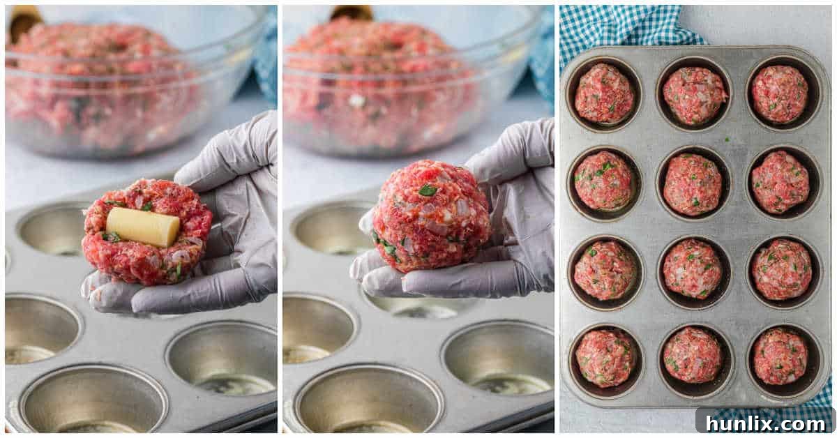 Step-by-step process of stuffing mozzarella into meatballs.