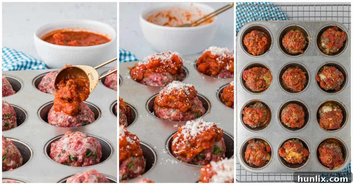 Cheesy meatballs neatly arranged in a muffin tin before baking.