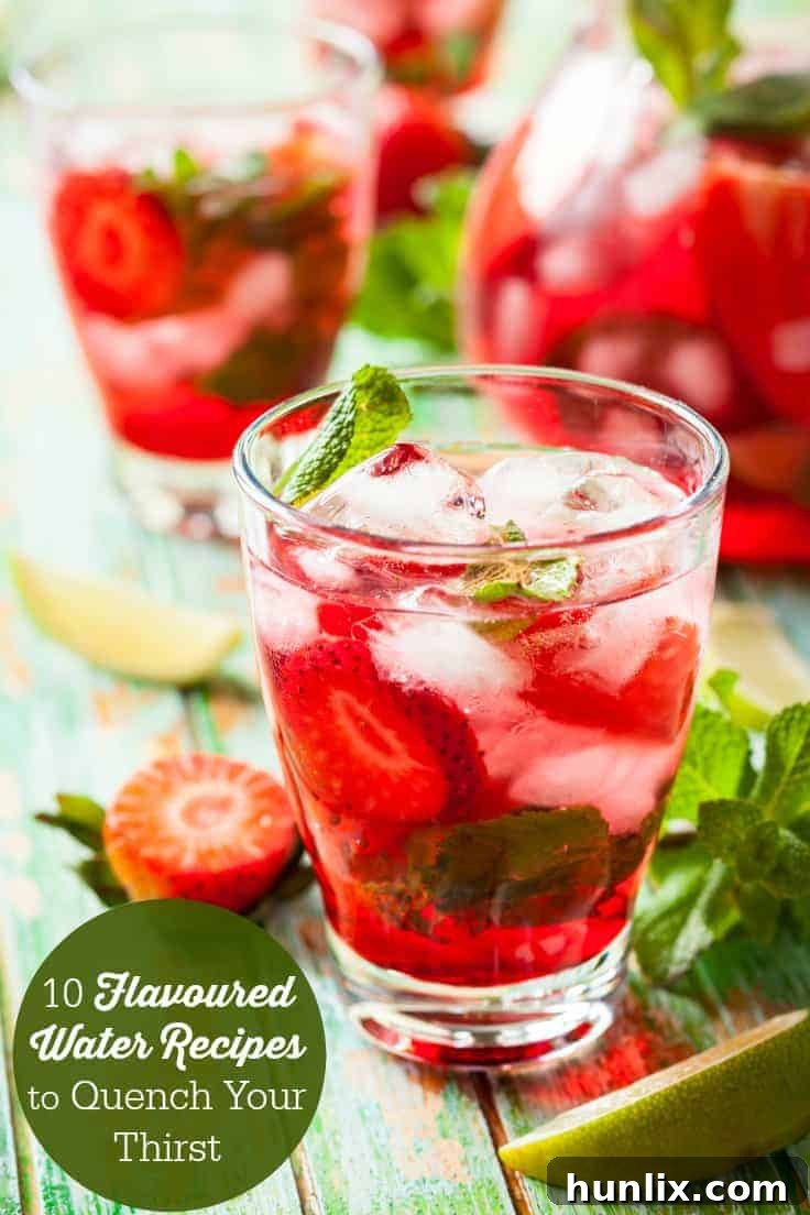 Vibrant glass of strawberry infused water, garnished with fresh strawberries and mint, embodying refreshing summer hydration.