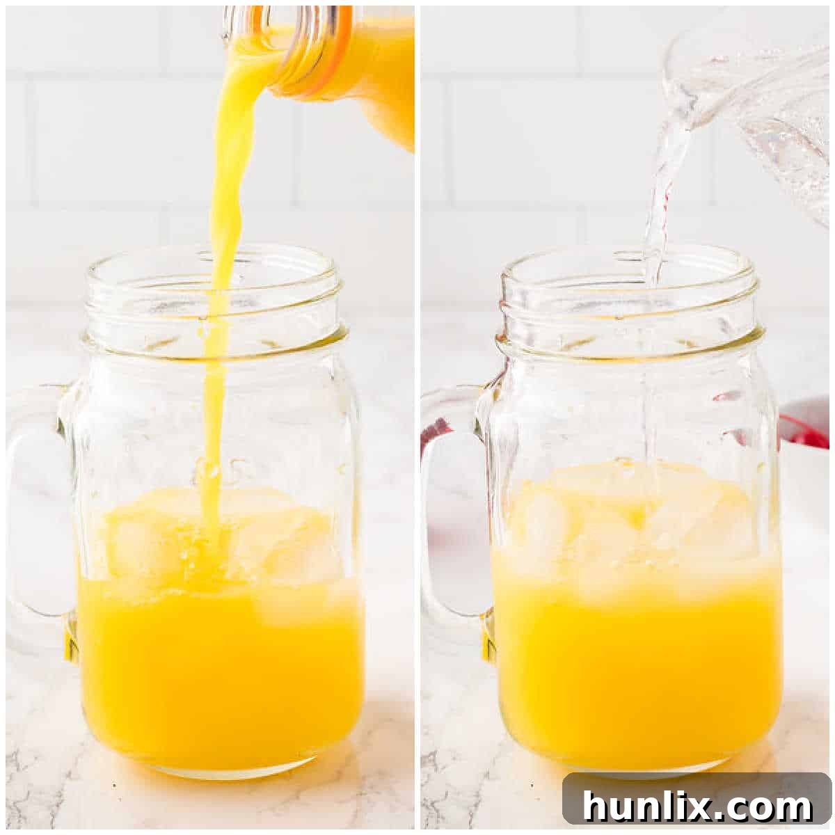 Collage showing the steps of adding ice, orange juice, and lemon-lime soda to a glass.