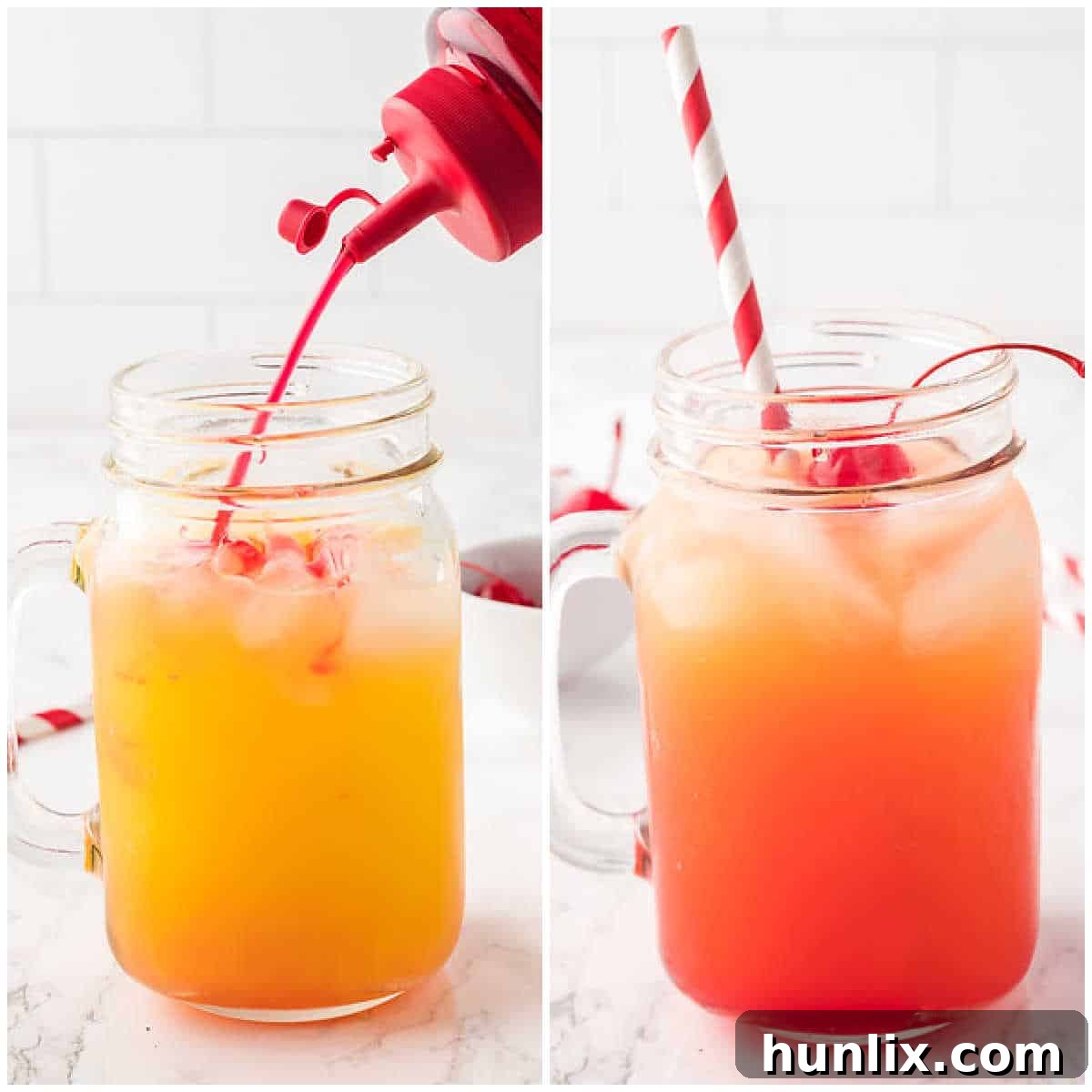 Collage showing grenadine being added to the glass, creating the signature red color.