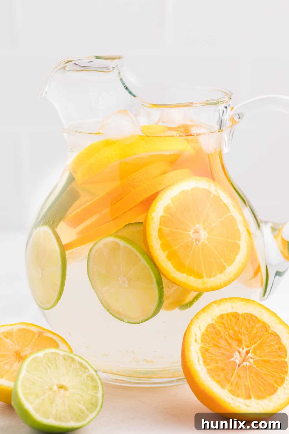 A beautiful pitcher filled with Citrus Bliss Infused Water, garnished with vibrant slices of lemon, lime, and orange, ready to be served.