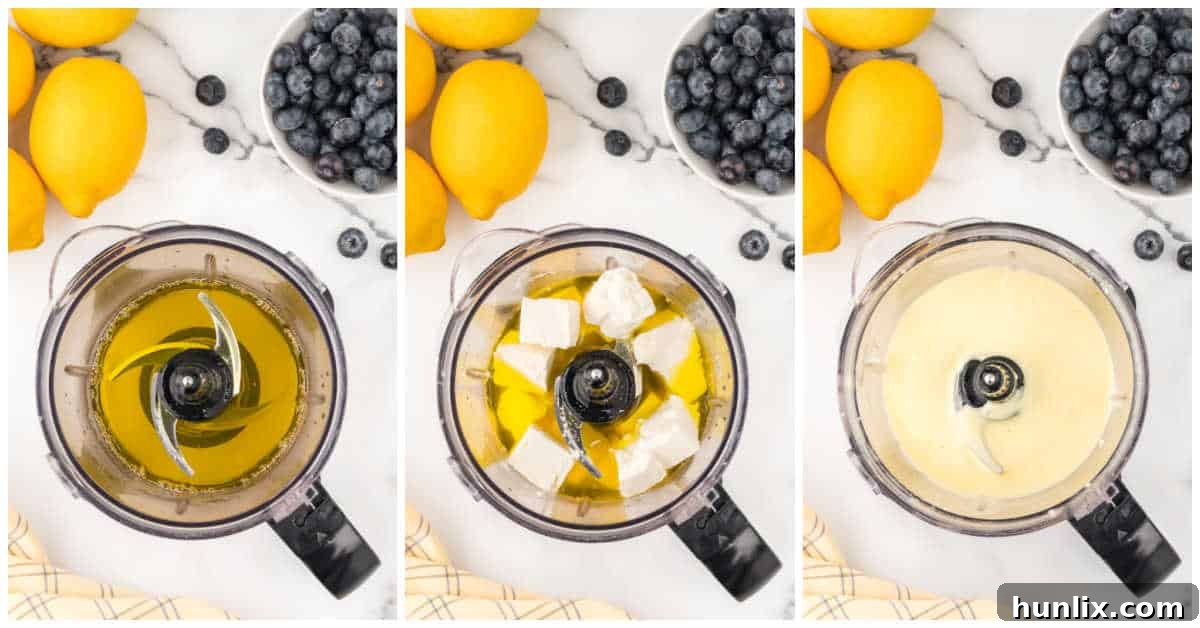 Image showing the first two steps of making lemon cheesecake mousse, dissolving Jello and blending with cream cheese.