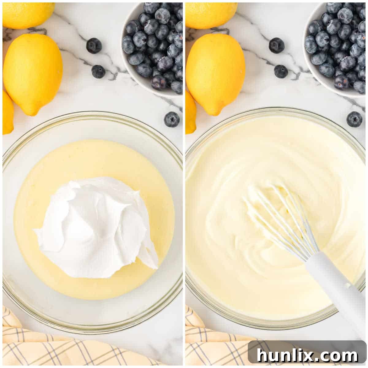 Image showing the final steps of making lemon cheesecake mousse, folding in Cool Whip and spooning into dishes.